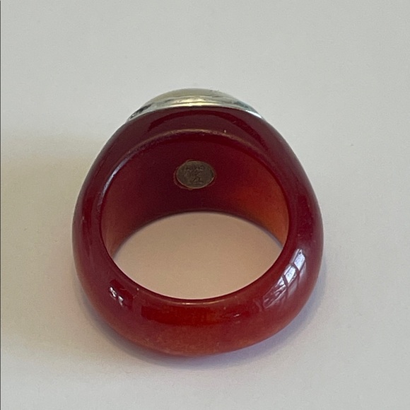 Genuine Red Jade Ring With Mabe Pearl In 925 Sterling Silver Bezel Setting - Picture 9 of 16
